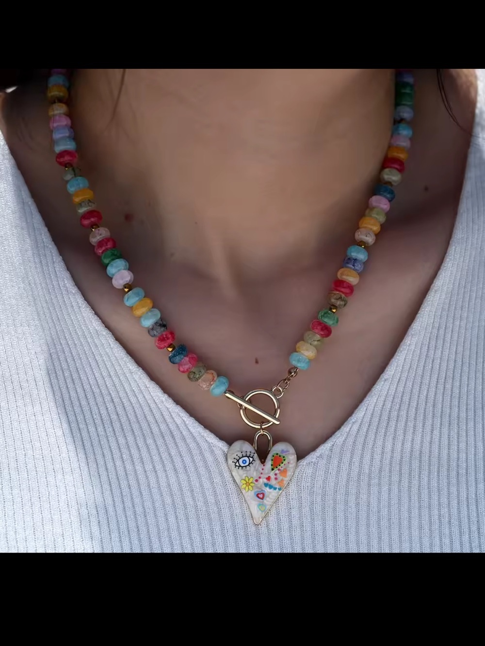 Multicolor Beaded Necklace with Heart Pendant - Picture 6 of 13